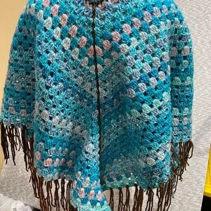 Multicolor crochet poncho with fringe women one size fit all. SKU-A113#croche
